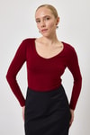 Kadın Body-Bordo Fitilli V Yaka Uzun Kollu Kadın Body 8266A-rulem