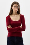 Kadın Body-Bordo Kare Yaka Uzun Kollu Fitilli Kadın Body 8267A-rulem