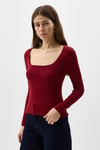 Kadın Body-Bordo Kare Yaka Uzun Kollu Fitilli Kadın Body 8267A-rulem