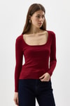 Kadın Body-Bordo Kare Yaka Uzun Kollu Fitilli Kadın Body 8267A-rulem