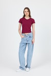 Kadın Body-Bordo Slim Fit Bisiklet Yaka Kısa Kollu Tişört 2214-rulem