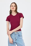 Kadın Body-Bordo Slim Fit Bisiklet Yaka Kısa Kollu Tişört 2214-rulem