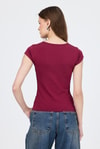 Kadın Body-Bordo V Yaka Düğmeli Cep Detaylı Slim Fit Tişört 2213-rulem