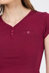 Kadın Body-Bordo V Yaka Düğmeli Cep Detaylı Slim Fit Tişört 2213-rulem