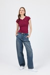 Kadın Body-Bordo V Yaka Düğmeli Cep Detaylı Slim Fit Tişört 2213-rulem