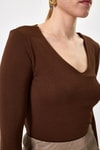 Kadın Body-Kahverengi Fitilli V Yaka Uzun Kollu Kadın Body 8266A-rulem