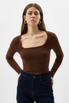 Kadın Body-Kahverengi Kare Yaka Uzun Kollu Fitilli Kadın Body 8267A-rulem