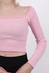 Kadın Body-Kare Yaka Çizgili Crop Bluz 9904 Pembe -rulem