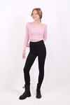 Kadın Body-Kare Yaka Çizgili Crop Bluz 9904 Pembe -rulem