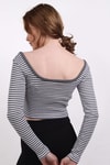 Kadın Body-Kare Yaka Çizgili Crop Bluz 9904 Gri -rulem