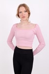 Kadın Body-Kare Yaka Çizgili Crop Bluz 9904 Pembe -rulem