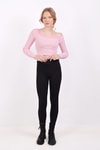 Kadın Body-Kare Yaka Çizgili Crop Bluz 9904 Pembe -rulem