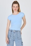 Kadın Body-Mavi Bisiklet Yaka Pamuklu Slim Fit Tişört 9190-rulem