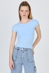 Kadın Body-Mavi Bisiklet Yaka Pamuklu Slim Fit Tişört 9190-rulem
