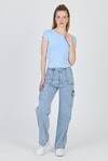 Kadın Body-Mavi Bisiklet Yaka Pamuklu Slim Fit Tişört 9190-rulem