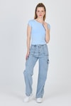 Kadın Body-Mavi Bisiklet Yaka Pamuklu Slim Fit Tişört 9190-rulem