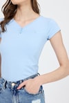 Kadın Body-Mavi V Yaka Düğmeli Cep Detaylı Slim Fit Tişört 2213-rulem