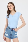 Kadın Body-Mavi V Yaka Düğmeli Cep Detaylı Slim Fit Tişört 2213-rulem