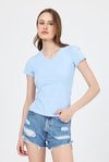 Kadın Body-Mavi V Yaka Slim Fit Tişört 2215-rulem