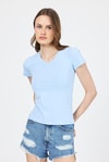 Kadın Body-Mavi V Yaka Slim Fit Tişört 2215-rulem