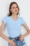 Kadın Body-Mavi V Yaka Slim Fit Tişört 2215-rulem