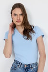 Kadın Body-Mavi V Yaka Slim Fit Tişört 2215-rulem