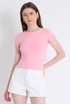 Kadın Body-Pembe Bisiklet Yaka Pamuklu Slim Fit Tişört 9190-rulem