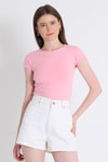 Kadın Body-Pembe Bisiklet Yaka Pamuklu Slim Fit Tişört 9190-rulem