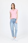 Kadın Body-Pembe V Yaka Düğmeli Cep Detaylı Slim Fit Tişört 2213-rulem