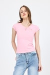 Kadın Body-Pembe V Yaka Düğmeli Cep Detaylı Slim Fit Tişört 2213-rulem