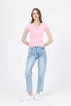 Kadın Body-Pembe V Yaka Düğmeli Cep Detaylı Slim Fit Tişört 2213-rulem