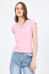 Kadın Body-Pembe V Yaka Düğmeli Cep Detaylı Slim Fit Tişört 2213-rulem