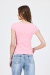 Kadın Body-Pembe V Yaka Düğmeli Cep Detaylı Slim Fit Tişört 2213-rulem