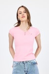 Kadın Body-Pembe V Yaka Düğmeli Cep Detaylı Slim Fit Tişört 2213-rulem