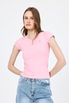 Kadın Body-Pembe V Yaka Düğmeli Cep Detaylı Slim Fit Tişört 2213-rulem