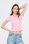 Kadın Body-Pembe V Yaka Slim Fit Tişört 2215-rulem