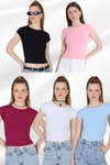 Kadın Body-Renkli 5'li Bisiklet Yaka Pamuklu Slim Fit Tişört 9190-rulem