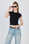 Kadın Body-Siyah Bisiklet Yaka Pamuklu Slim Fit Tişört 9190-rulem