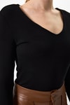 Kadın Body-Siyah Fitilli V Yaka Uzun Kollu Kadın Body 8266A-rulem