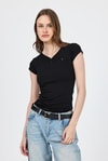 Kadın Body-Siyah V Yaka Düğmeli Cep Detaylı Slim Fit Tişört 2213-rulem