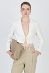 Kadın Ceket-Beyaz Keten Görünümlü %100 Pamuk Bağlama Detaylı Crop Blazer Ceket 7070-rulem