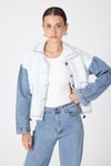 Kadın Ceket-Ekru Peluş Görünümlü Denim Kollu Kadın Ceket 2225-rulem