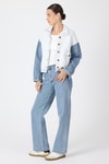 Kadın Ceket-Ekru Peluş Görünümlü Denim Kollu Kadın Ceket 2225-rulem