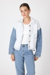Kadın Ceket-Ekru Peluş Görünümlü Denim Kollu Kadın Ceket 2225-rulem
