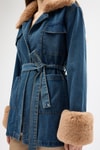 Kadın Ceket-Mavi Kürklü Yaka ve Manşet Detaylı Kuşaklı Denim Kadın Ceket 3500-rulem