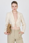 Kadın Ceket-Natural Keten Görünümlü %100 Pamuk Bağlama Detaylı Crop Blazer Ceket 7070-rulem