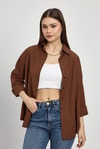 Kadın Gömlek-Acı Kahve Relaxed Fit Rahat Kesim Basic Gömlek - 6621A-rulem