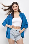 Kadın Gömlek-İndigo Çift Cepli Oversize Uzun Basic Gömlek TCR 6256A-rulem