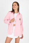 Kadın Gömlek-Pembe Çizgili Ayıcık Nakışlı Pamuklu Oversize Gömlek 4689A-rulem