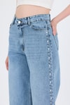 Kadın Jean Pantolon-Buzkar Yanları İnci İşlemeli Yüksek Bel Straight Jean Pantolon 3312-rulem